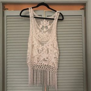 Off-white, lace tank top with tassels